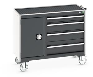 Bott Cubio Mobile Cabinet / Maintenance Trolley measuring 1050mm wide x 525mm deep x 885mm high.Storage comprises of 1 x Cupboard (400mm wide x 600mm high) and 4 x 650mm wide Drawers (1 x 100mm, 2 x 150mm & 1 x 200mm high).... Bott Mobile Storage 1050 x 750